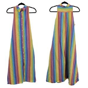 M.D.S. Stripes Shirtdress Dress Rainbow Pinafore Collar A-line Midi Pockets Sz 2